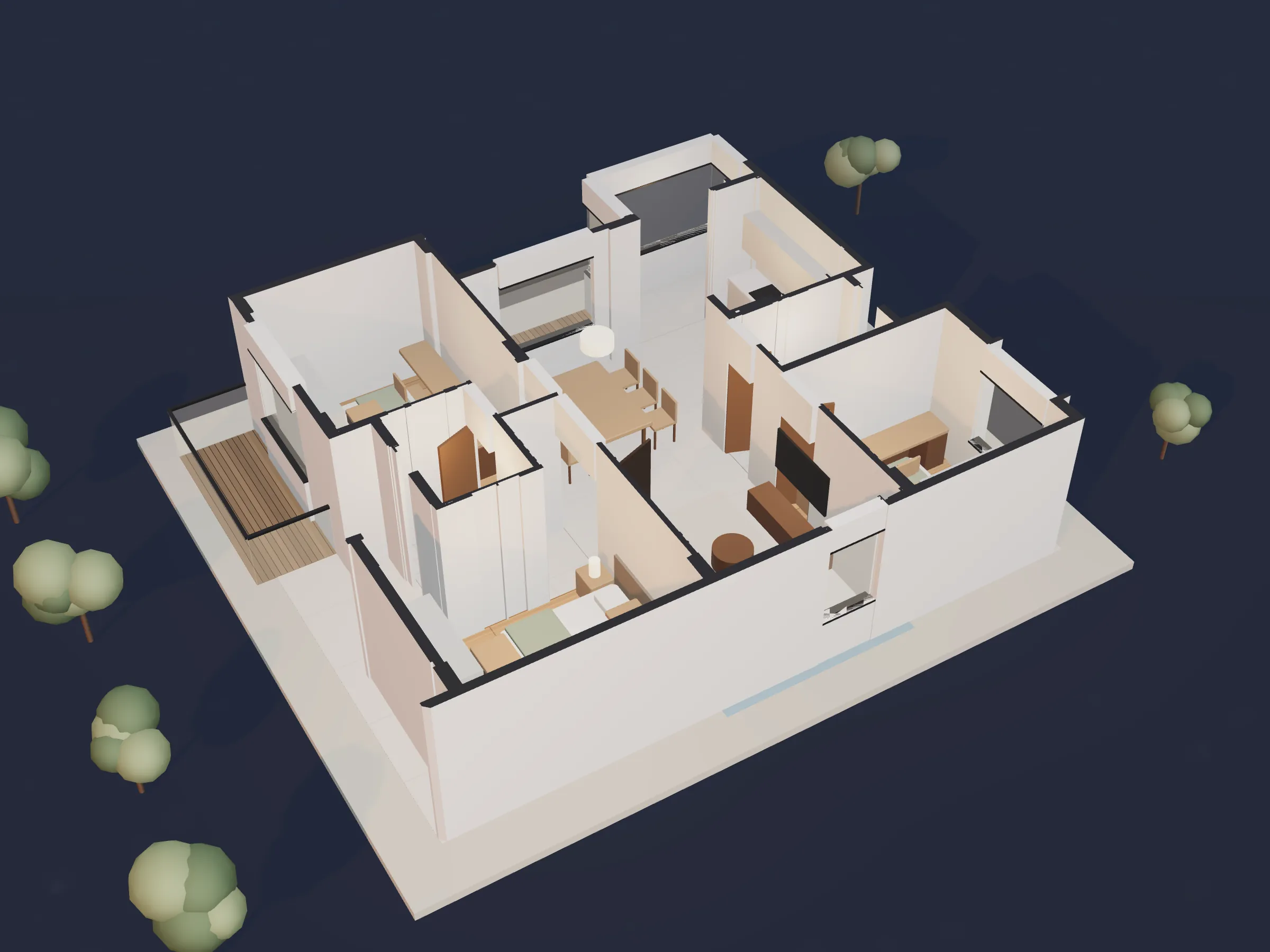 The same illustrative flat, rendered furnished in 3D